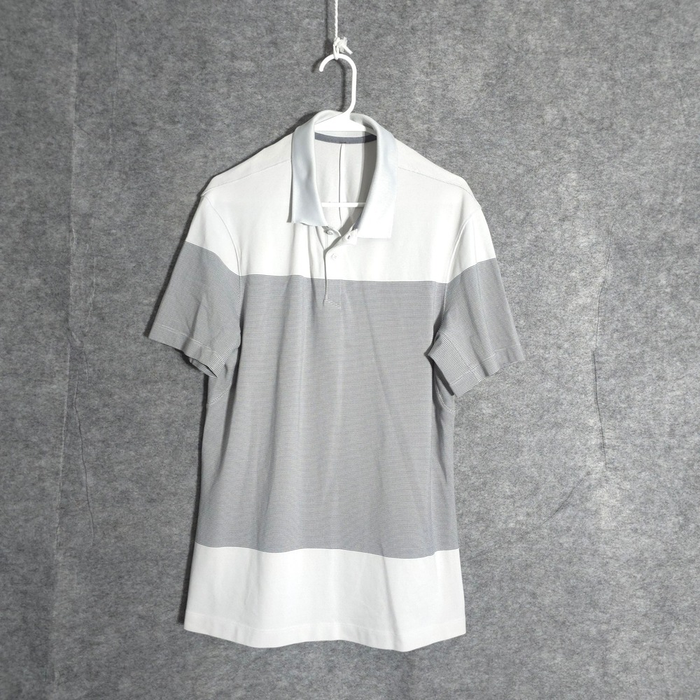 Lululemon Evolution Polo Mens Medium White Gray Striped Colorblock Short Sleeve